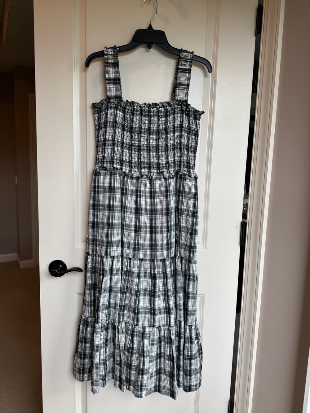 Veronica Beard Black & White Plaid Smocked Midi Dress